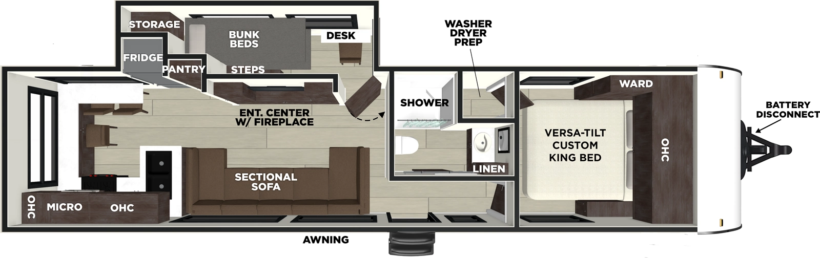 The Evo 2920VB floorplan has one entry and one slide out. Exterior features include: metal exterior. Interiors features include: bunk beds, rear kitchen and front bedroom.