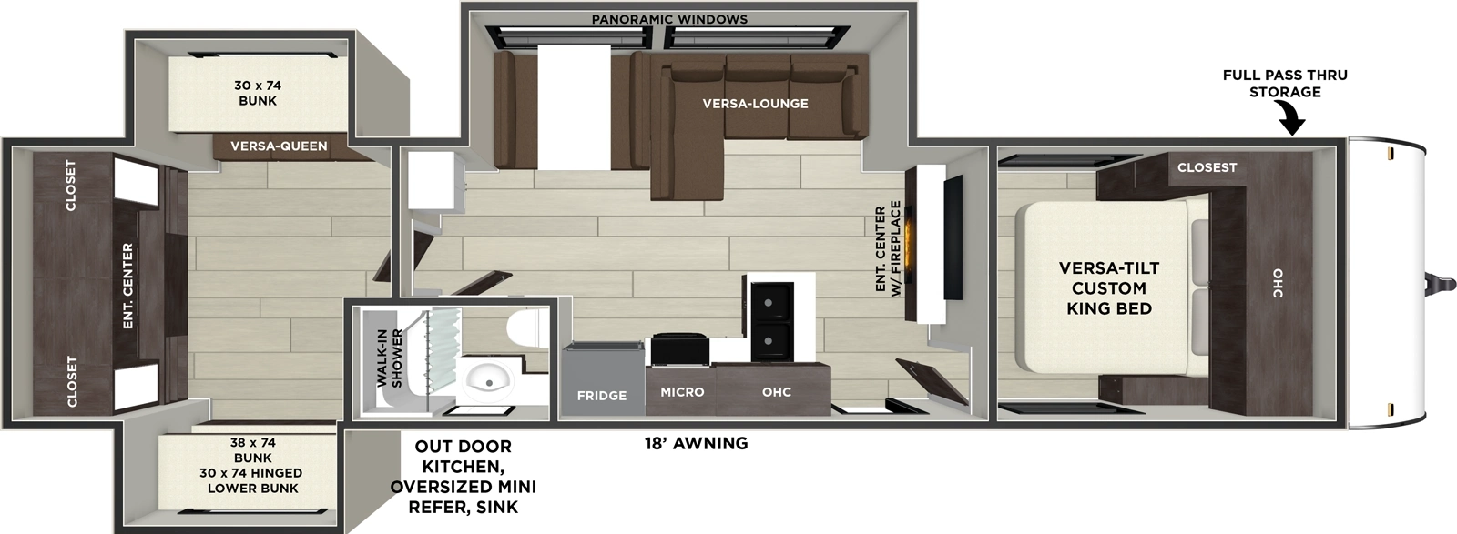 The Evo 31KQBTS floorplan has one entry and one slide out. Exterior features include: metal exterior and 18' awning. Interiors features include: bunk beds and front bedroom.